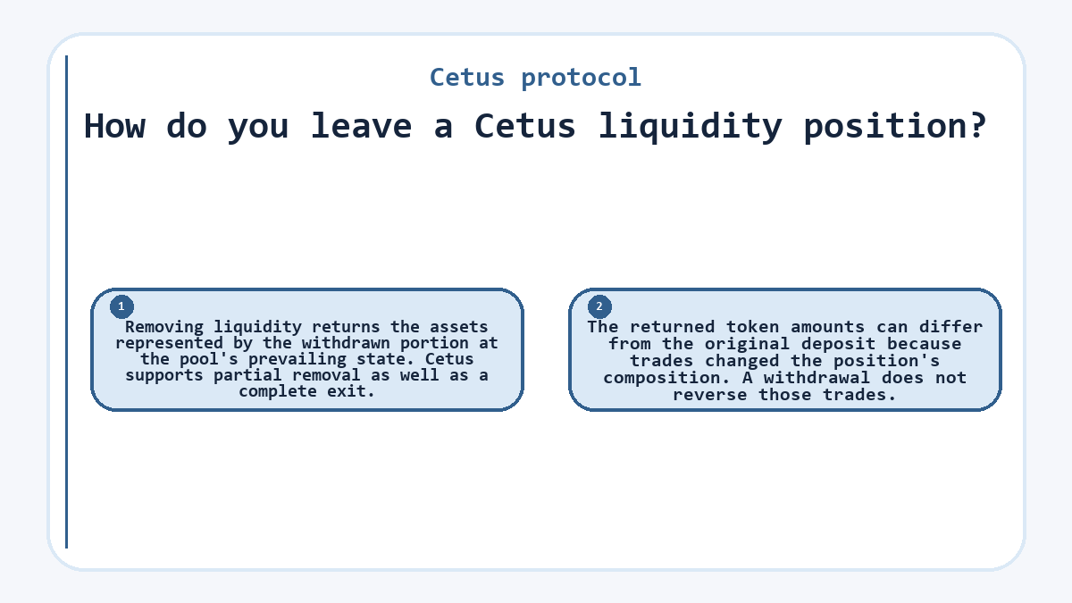How do you leave a Cetus liquidity position?: Removing liquidity returns the assets represented by the withdrawn portion at the pool's prevailing state. Cetus supports partial removal as well as a complete exit.; The returned token amounts can differ from the original deposit because trades changed the position's composition. A withdrawal does not reverse those trades.